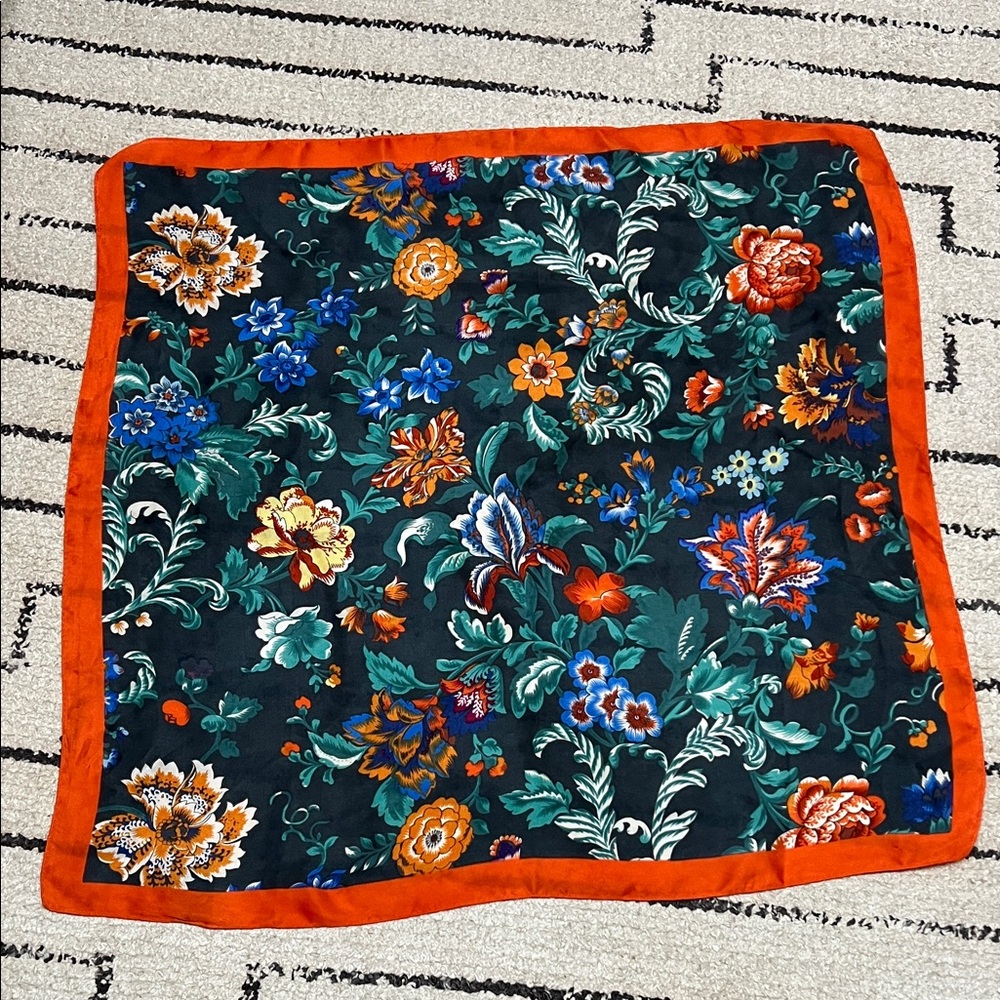 Saks Fifth Avenue Multicolor Floral Scarf with Orange Trim